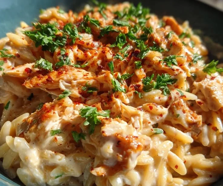 Creamy BBQ Ranch Chicken orzo with white cheddar, a delicious dinner recipe