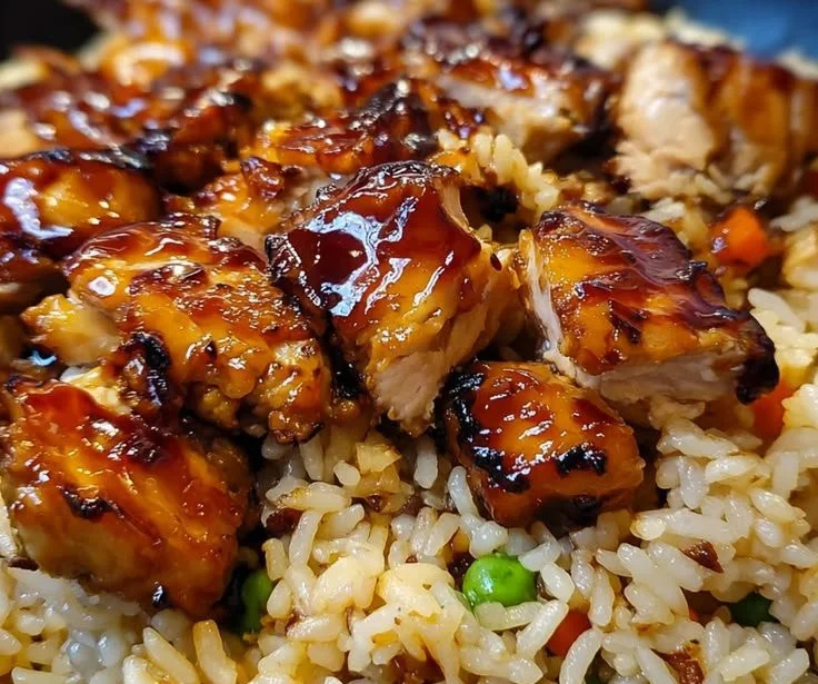 Delicious honey BBQ chicken rice one-pan dinner served in a bowl