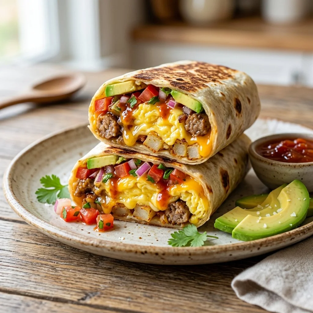 A colorful plate of delicious breakfast burritos filled with eggs and veggies.