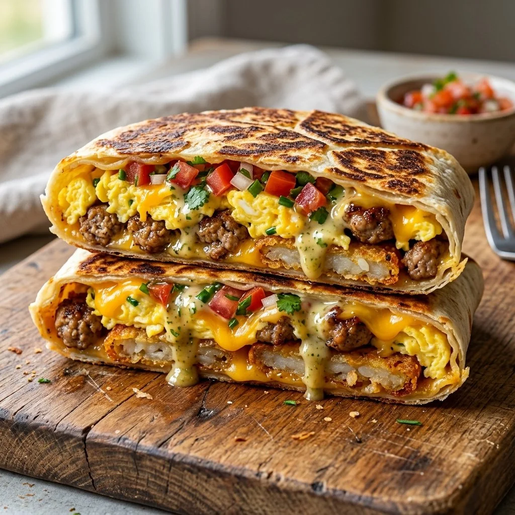 Delicious Breakfast Crunchwrap filled with eggs and cheese served on a plate
