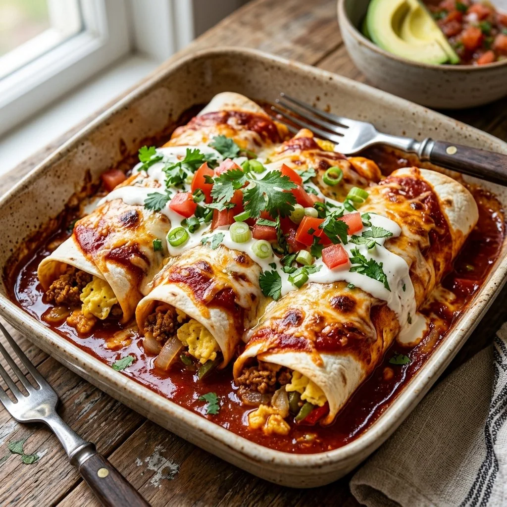 Delicious breakfast enchiladas topped with cheese and salsa.