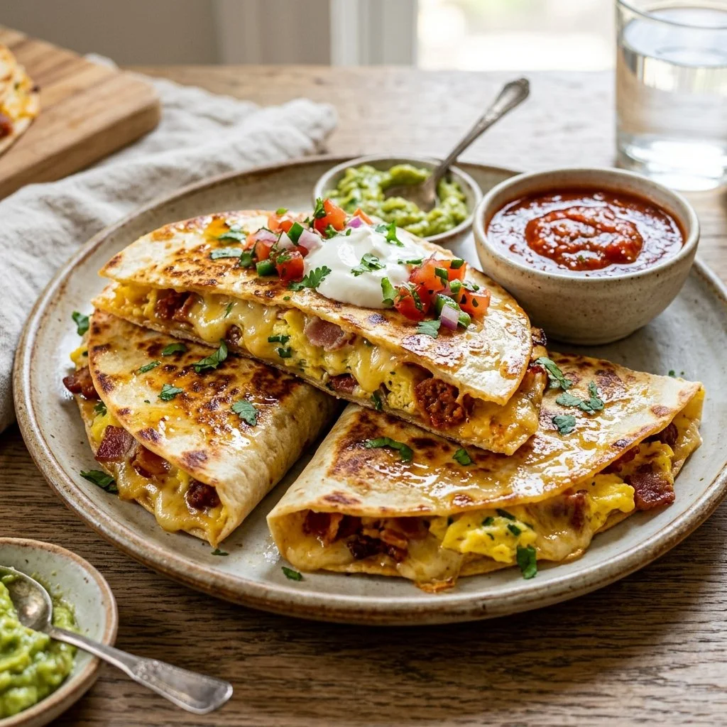 Delicious breakfast quesadillas filled with cheese, eggs, and vegetables.