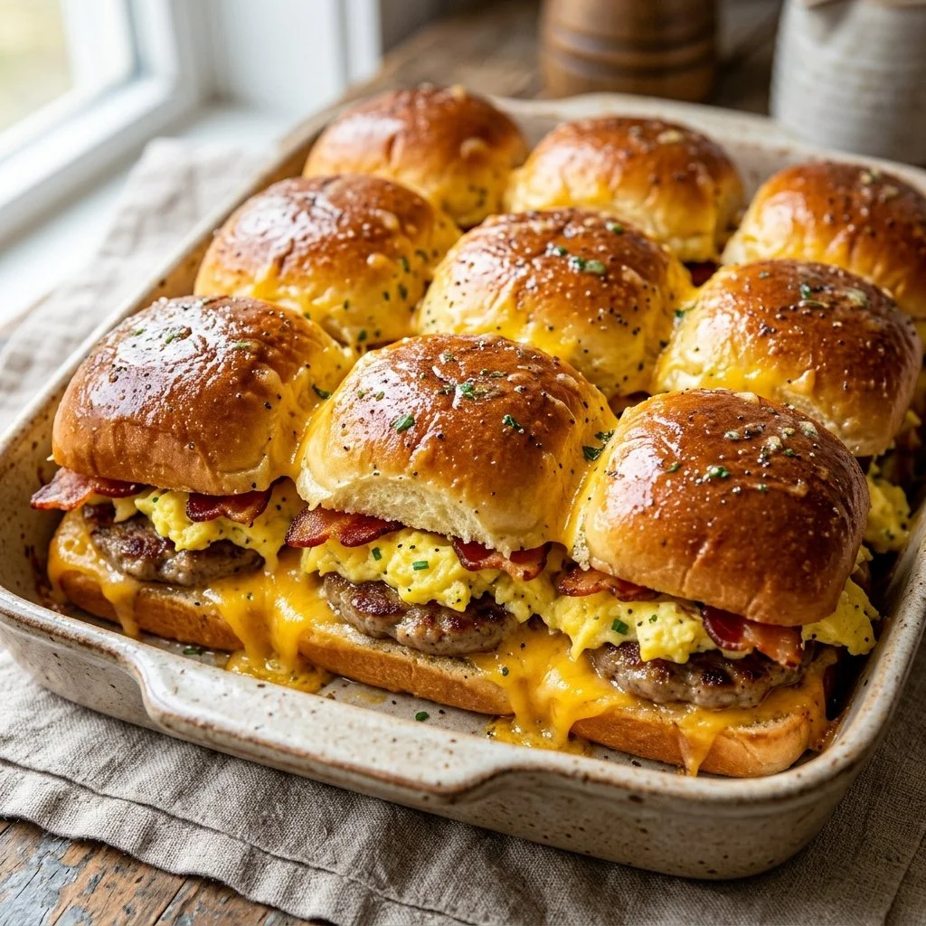 Plate of delicious breakfast sliders with eggs, cheese, and sausage