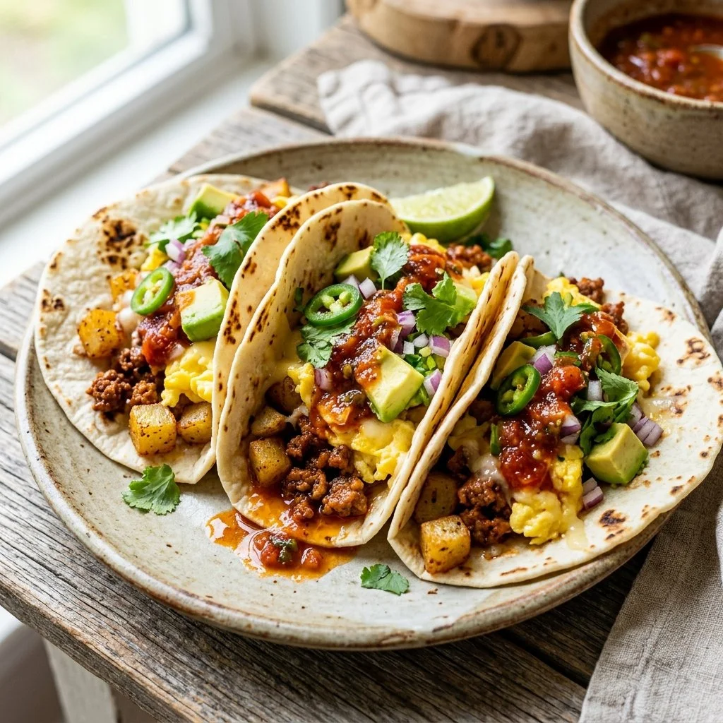 Delicious breakfast tacos filled with eggs, cheese, and fresh toppings.