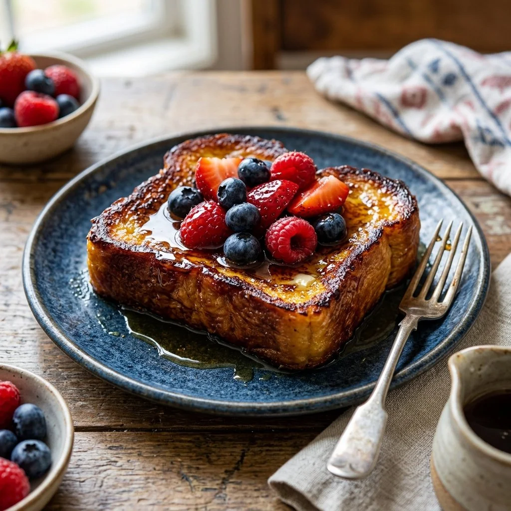 Deliciously prepared Brioche French Toast topped with syrup and berries