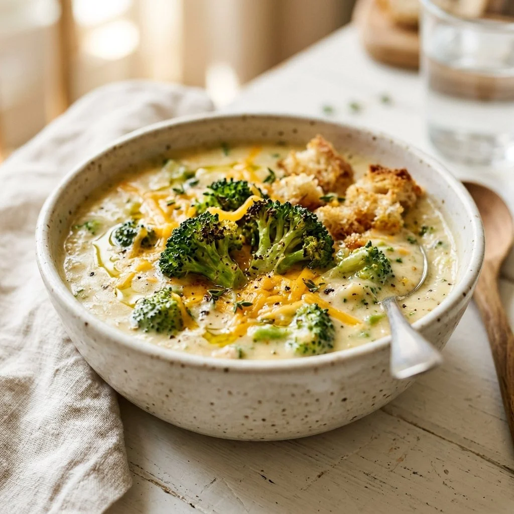 Delicious bowl of homemade Broccoli Cheddar Soup with fresh ingredients
