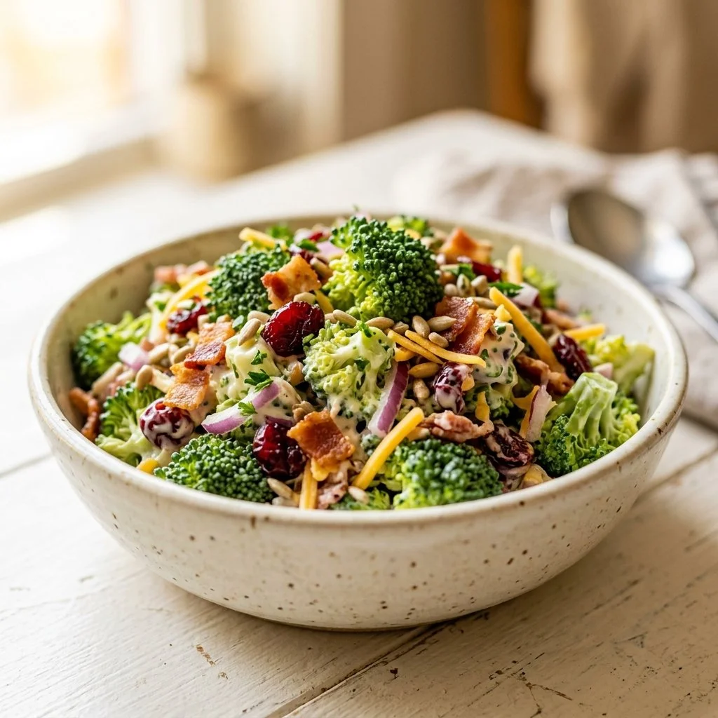 Fresh and vibrant broccoli salad with colorful vegetables and a tasty dressing