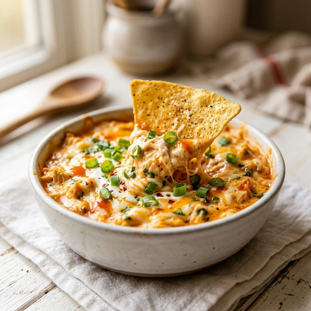 Delicious Buffalo Chicken Dip served in a bowl with tortilla chips