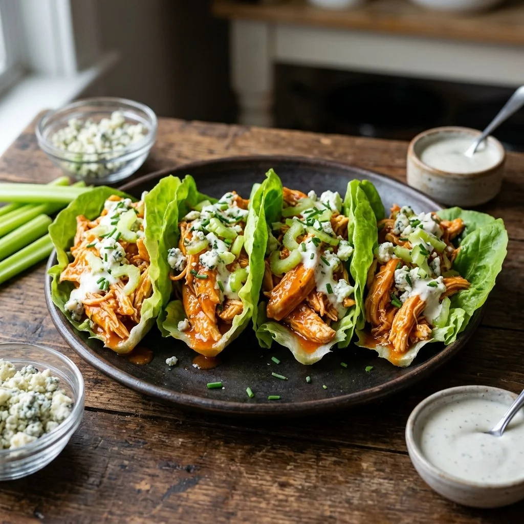 Buffalo Chicken Lettuce Wraps served on a plate with fresh vegetables