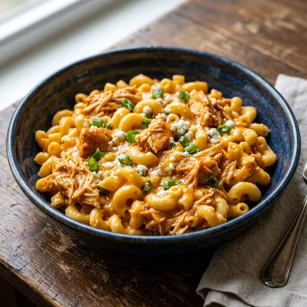 Creamy Buffalo Chicken Mac and Cheese topped with crispy breadcrumbs and scallions.