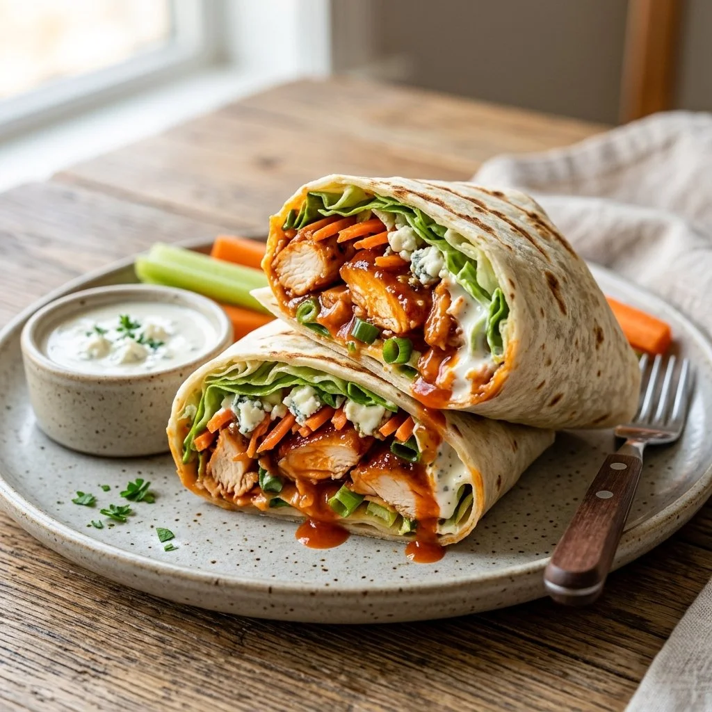 Delicious Buffalo Chicken Wraps with fresh vegetables and spicy sauce