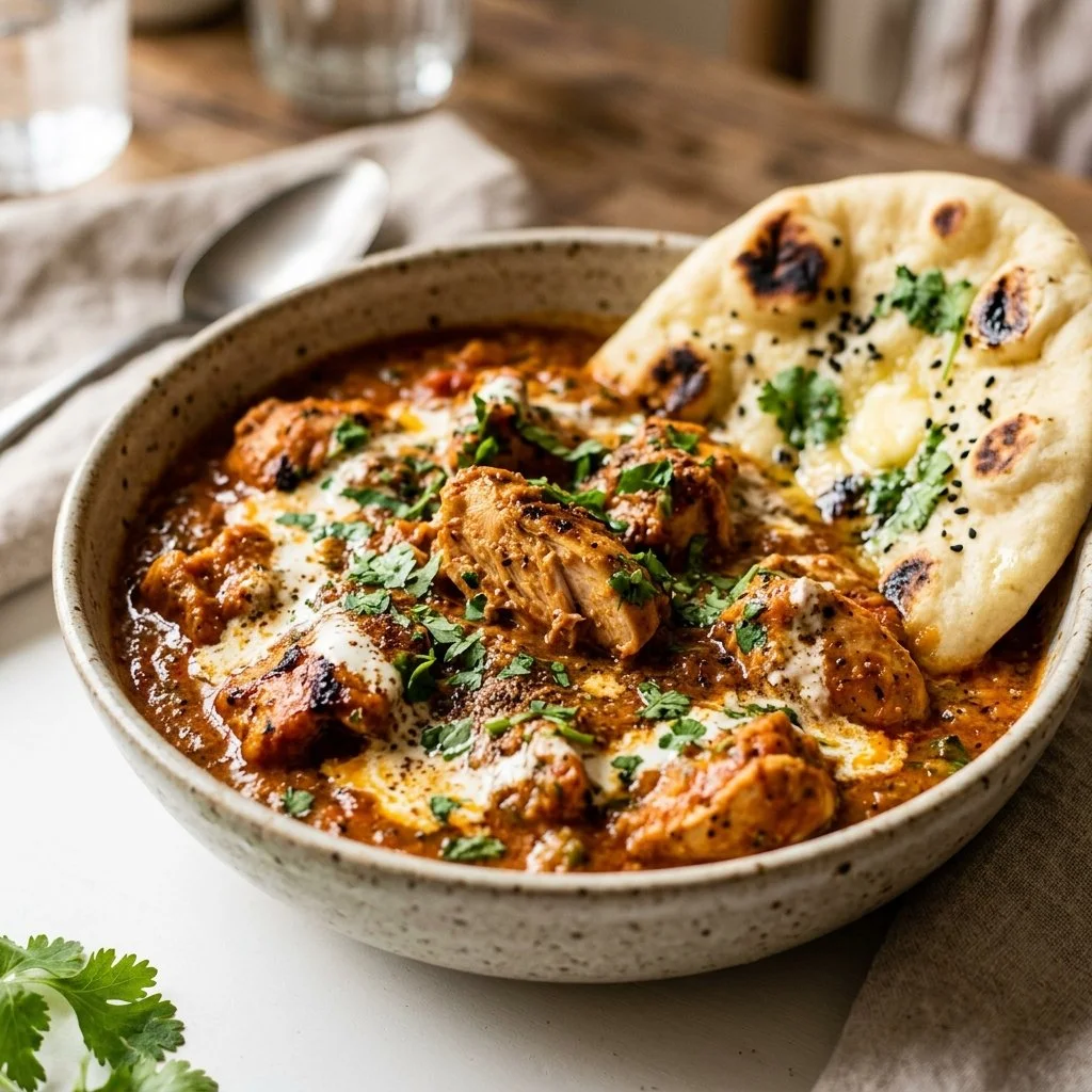 Delicious butter chicken dish served with rice and naan bread