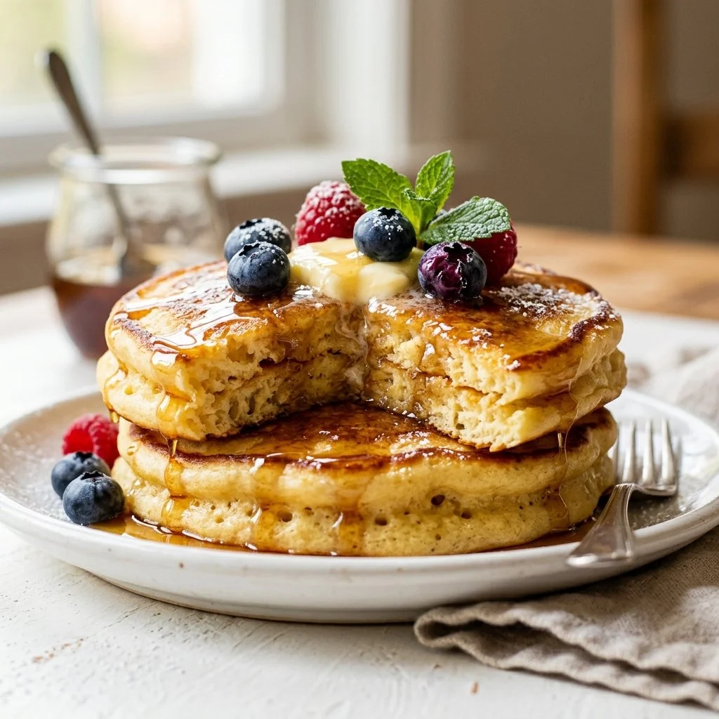 Fluffy buttermilk pancakes stacked on a plate with syrup and fresh berries
