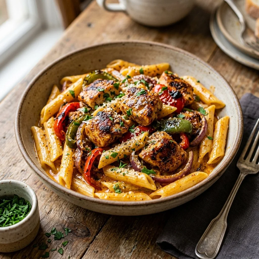 Delicious plate of Cajun Chicken Pasta garnished with herbs