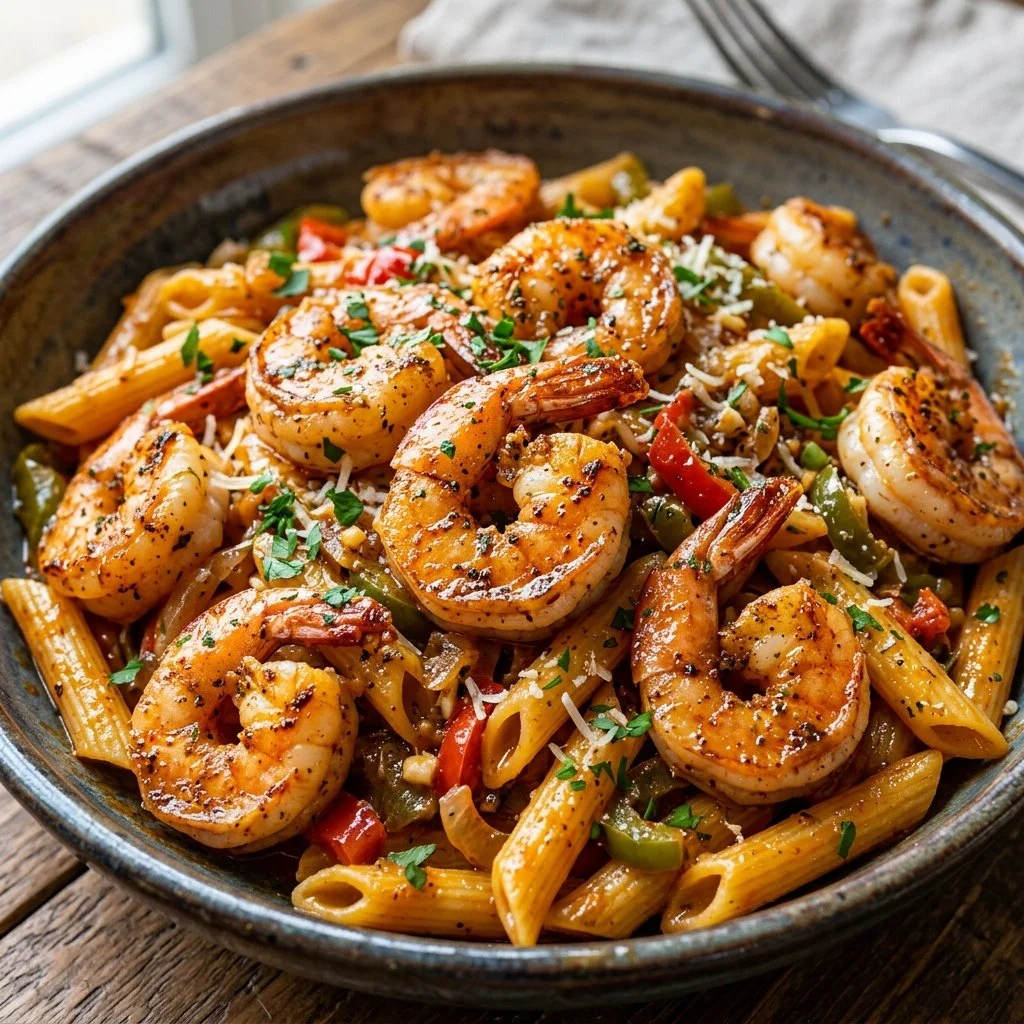 Delicious Cajun Shrimp Pasta served with shrimp, spices, and creamy sauce.