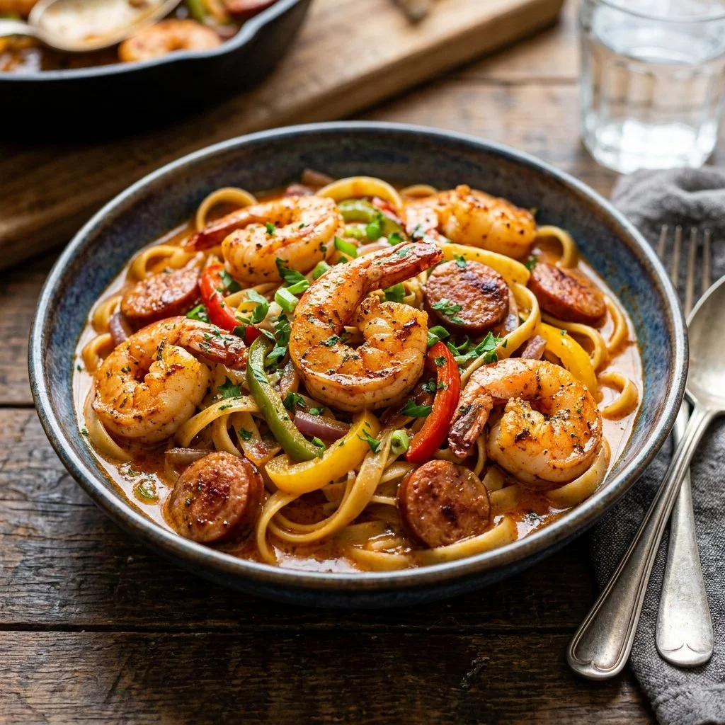 Delicious Cajun Shrimp Pasta dish served in a bowl with vibrant colors and herbs.
