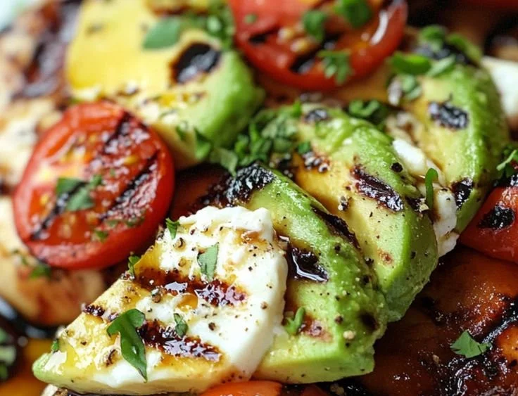 Delicious California avocado grilled chicken on a plate with fresh vegetables