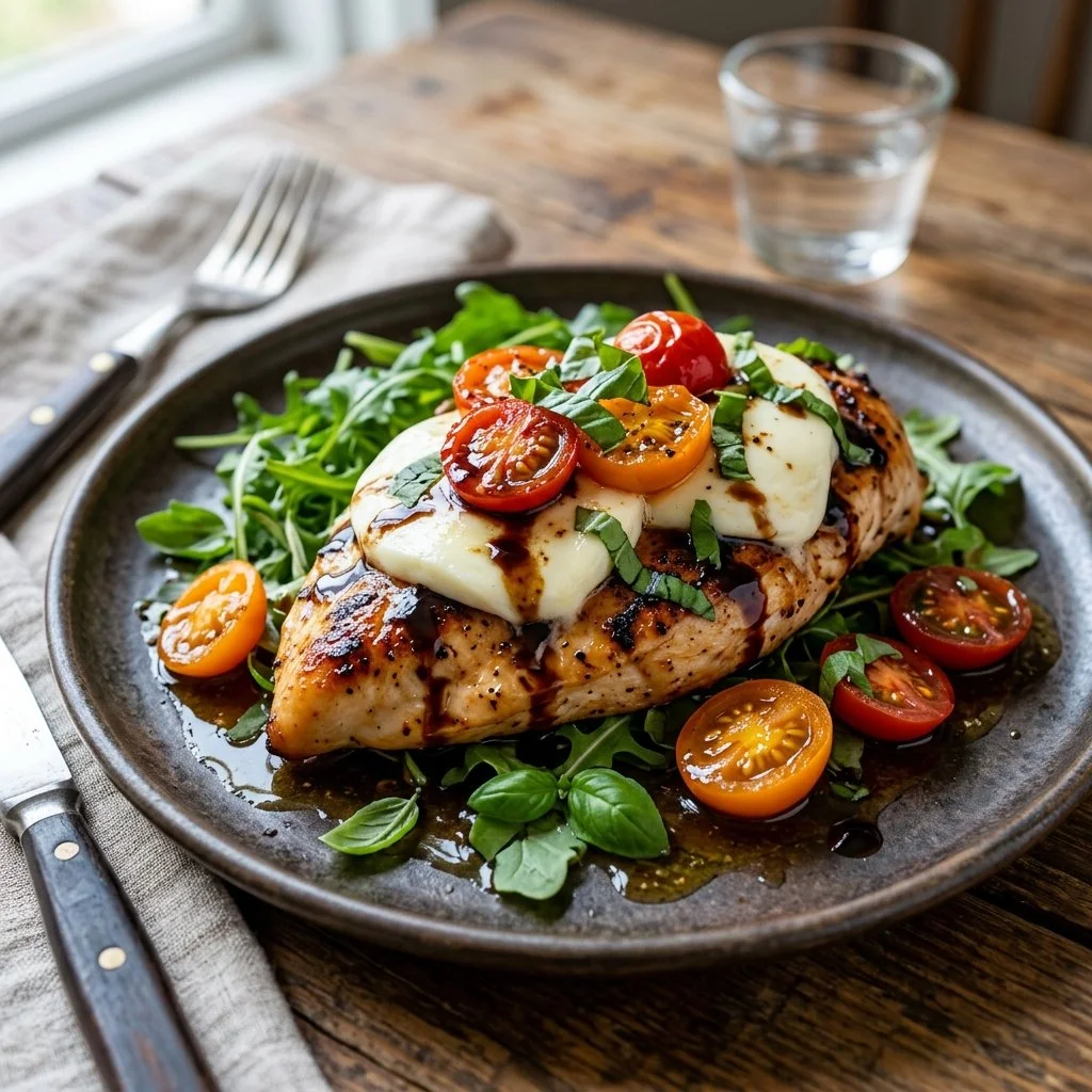 Delicious Caprese Chicken Balsamic served with fresh basil and mozzarella.