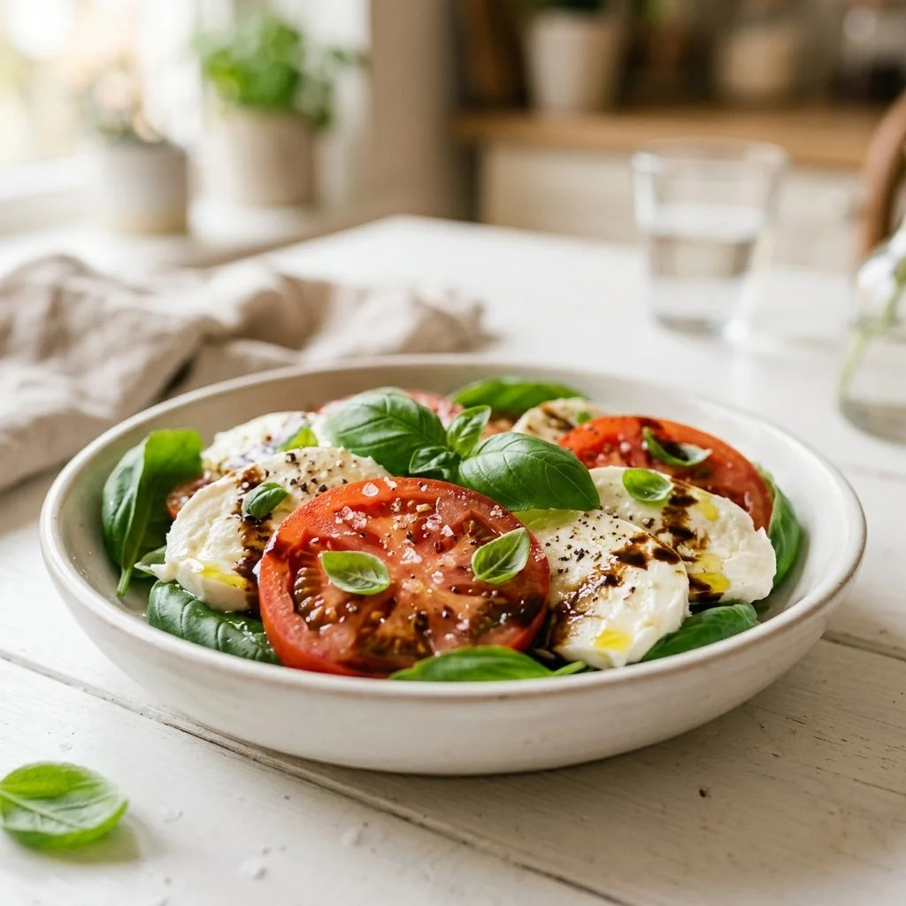Fresh caprese salad with ripe tomatoes, mozzarella cheese, and basil leaves
