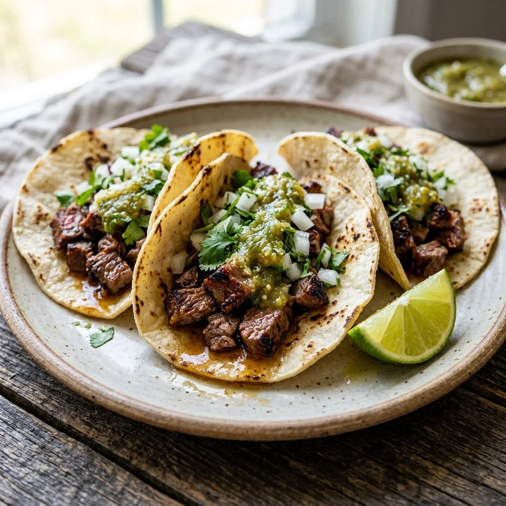 Delicious Carne Asada Tacos with fresh toppings and grilled steak