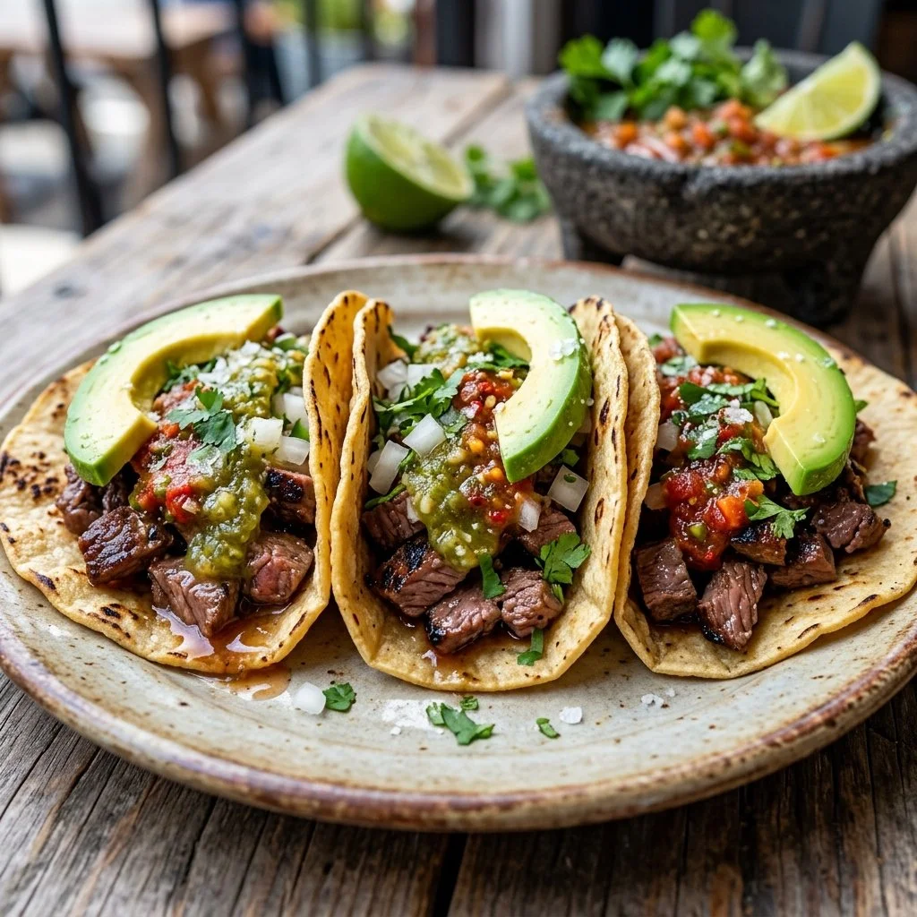 Plate of delicious Carne Asada Tacos with fresh toppings and lime