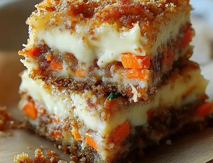 Carrot cake bars topped with cream cheese frosting on a wooden serving board
