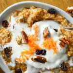 Healthy carrot cake oatmeal breakfast recipe featuring oats and carrots.