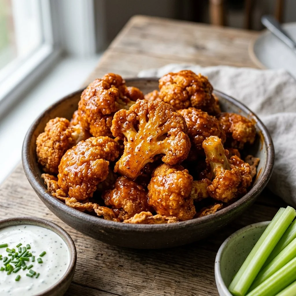 Plate of crispy Cauliflower Buffalo Wings served with ranch dressing