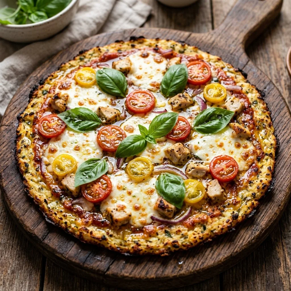 Homemade cauliflower crust pizza topped with fresh vegetables and cheese