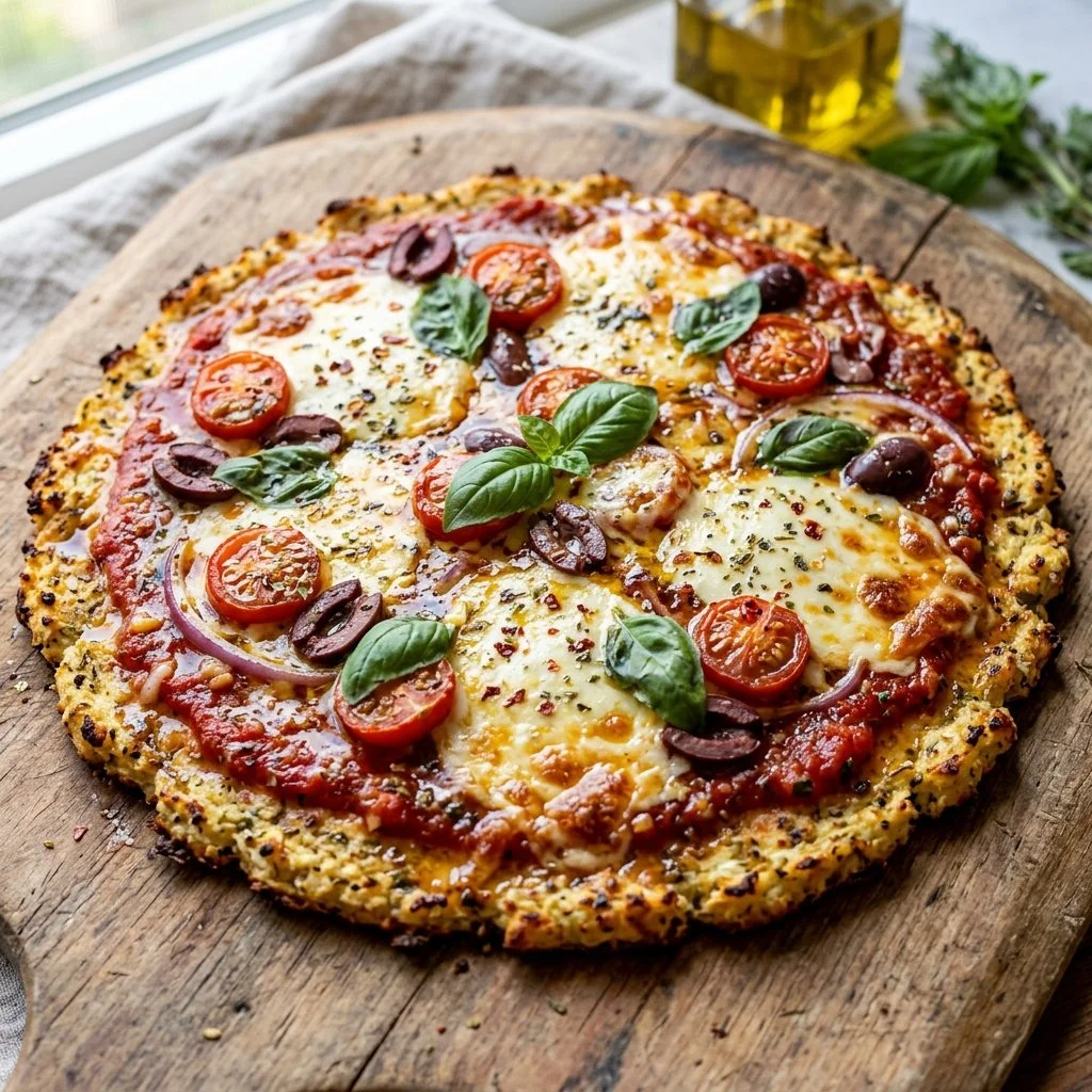 Delicious homemade cauliflower crust pizza topped with fresh ingredients