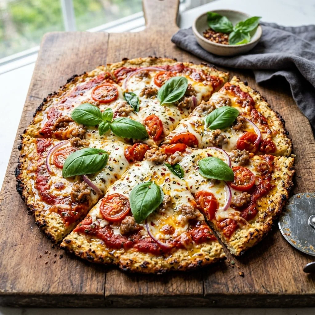 Homemade cauliflower crust pizza topped with fresh vegetables and cheese