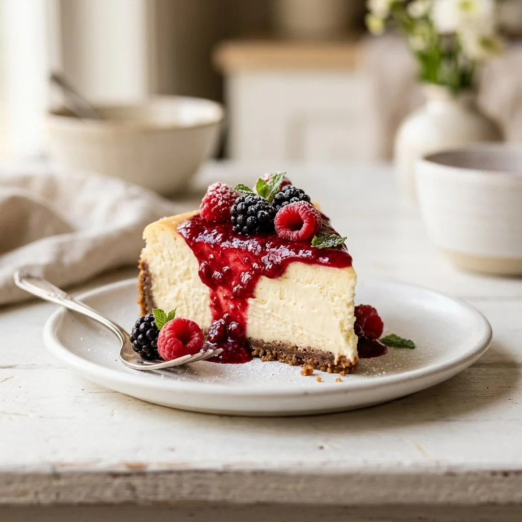 Delicious homemade cheesecake topped with fresh berries