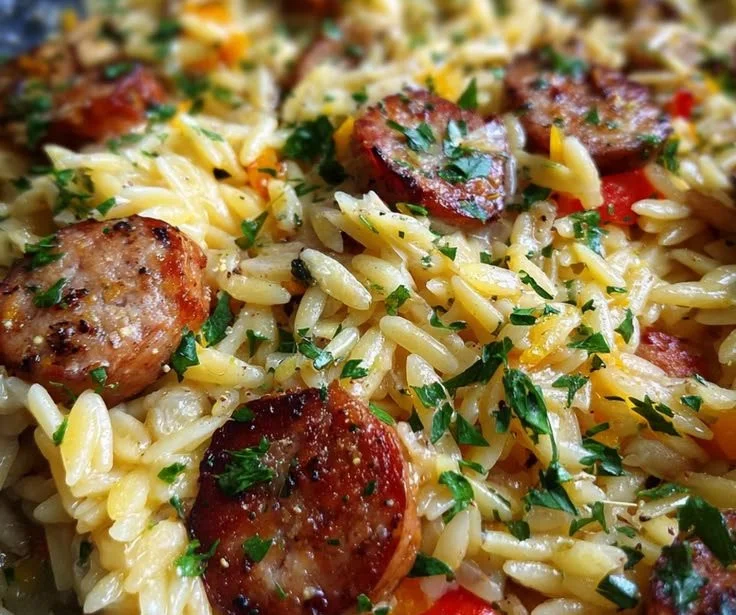 Cheesy garlic butter orzo with sausage and smoky flavor served in a bowl