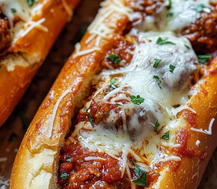 Cheesy meatball sub sandwich topped with melted cheese and marinara sauce