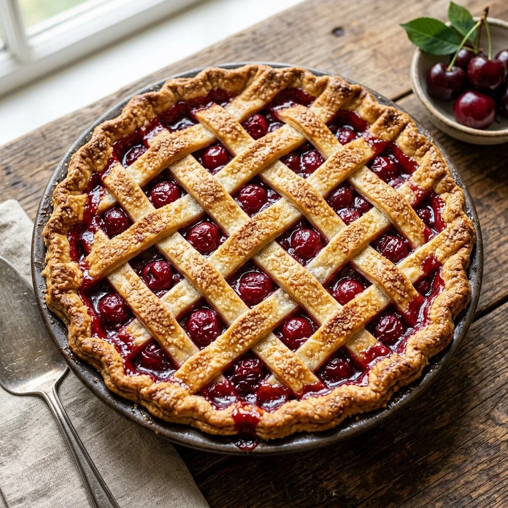 Delicious slice of homemade cherry pie with a flaky crust and vibrant filling