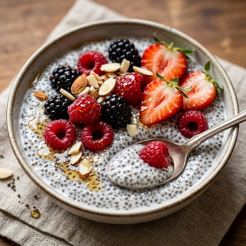 A bowl of creamy chia seed pudding topped with fresh berries and nuts