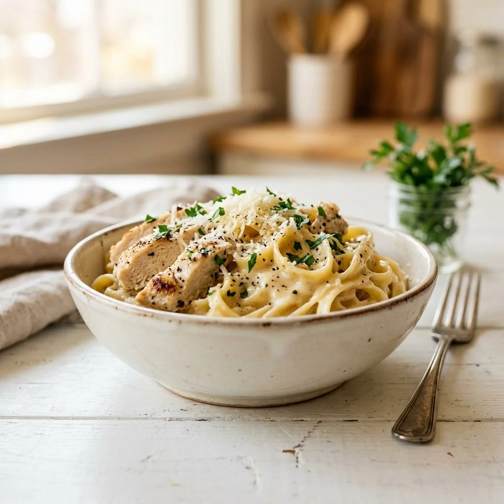 Delicious Chicken Alfredo pasta dish served in a white bowl