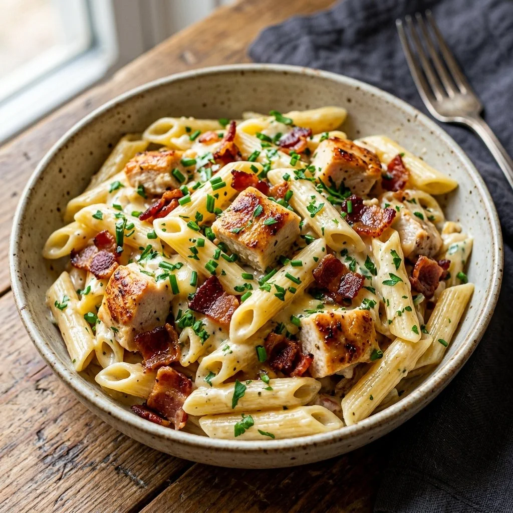Delicious Chicken Bacon Ranch Pasta with creamy sauce and crispy bacon
