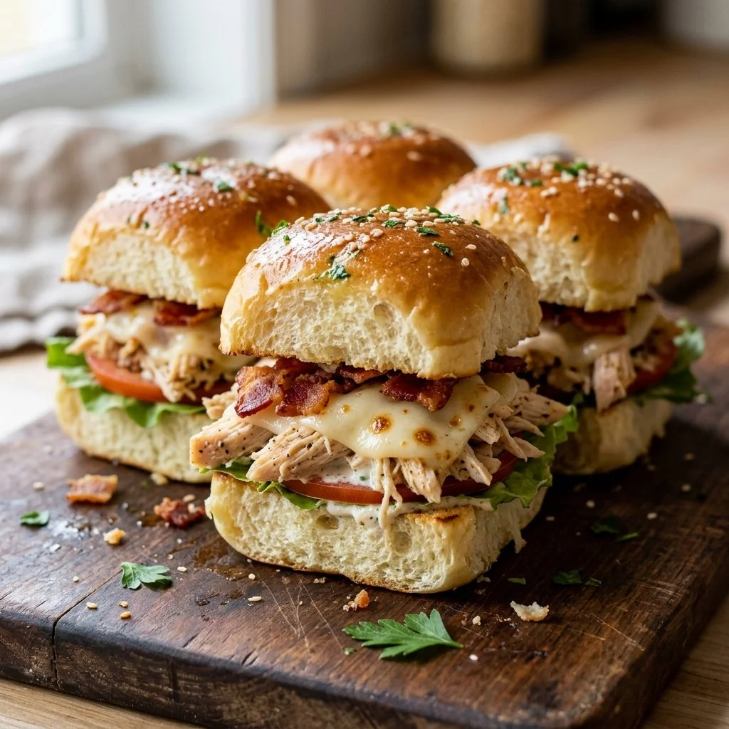 A platter of Chicken Bacon Ranch Sliders with fresh ingredients and toppings