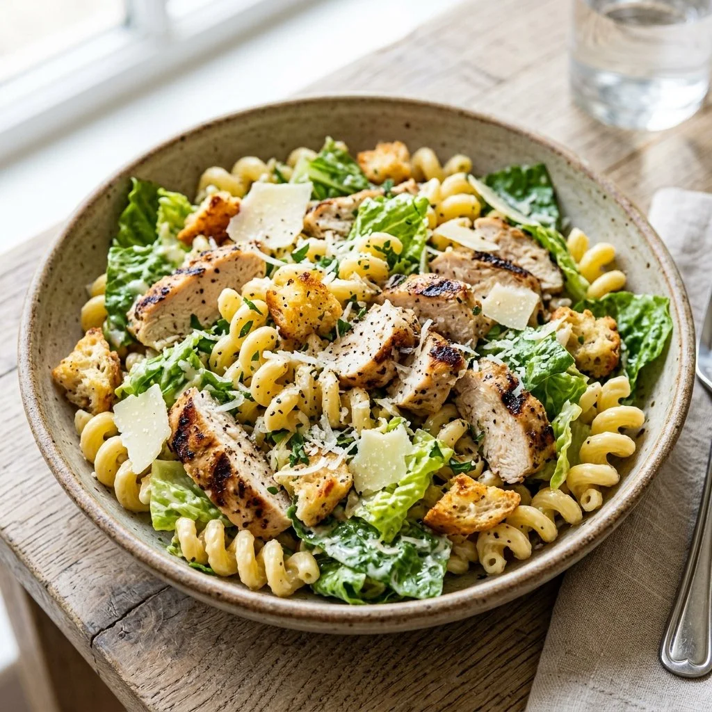 Bowl of Chicken Caesar Pasta Salad with romaine, chicken, and dressing