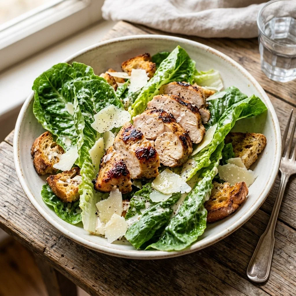 Delicious Chicken Caesar Salad with grilled chicken, romaine lettuce, and Caesar dressing