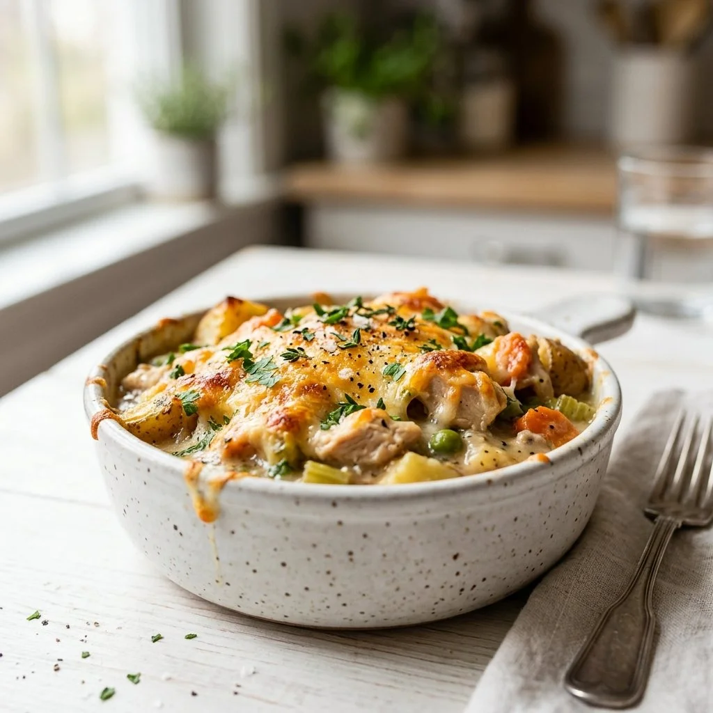 A creamy chicken casserole baked with vegetables and cheese, perfect for family meals.