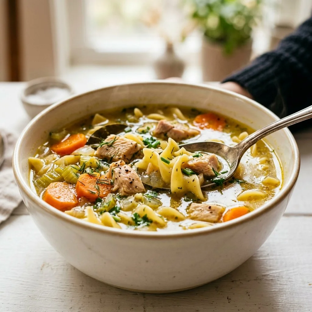 Delicious homemade Chicken Noodle Soup in a bowl with fresh herbs