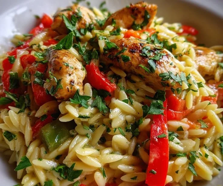 Creamy Chicken Orzo with Cajun Garlic Butter Sauce in a bowl