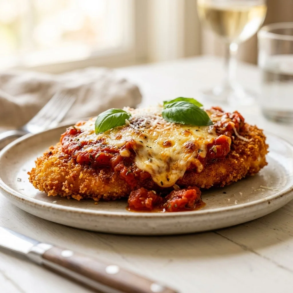 Homemade Chicken Parmesan served with marinara sauce and spaghetti
