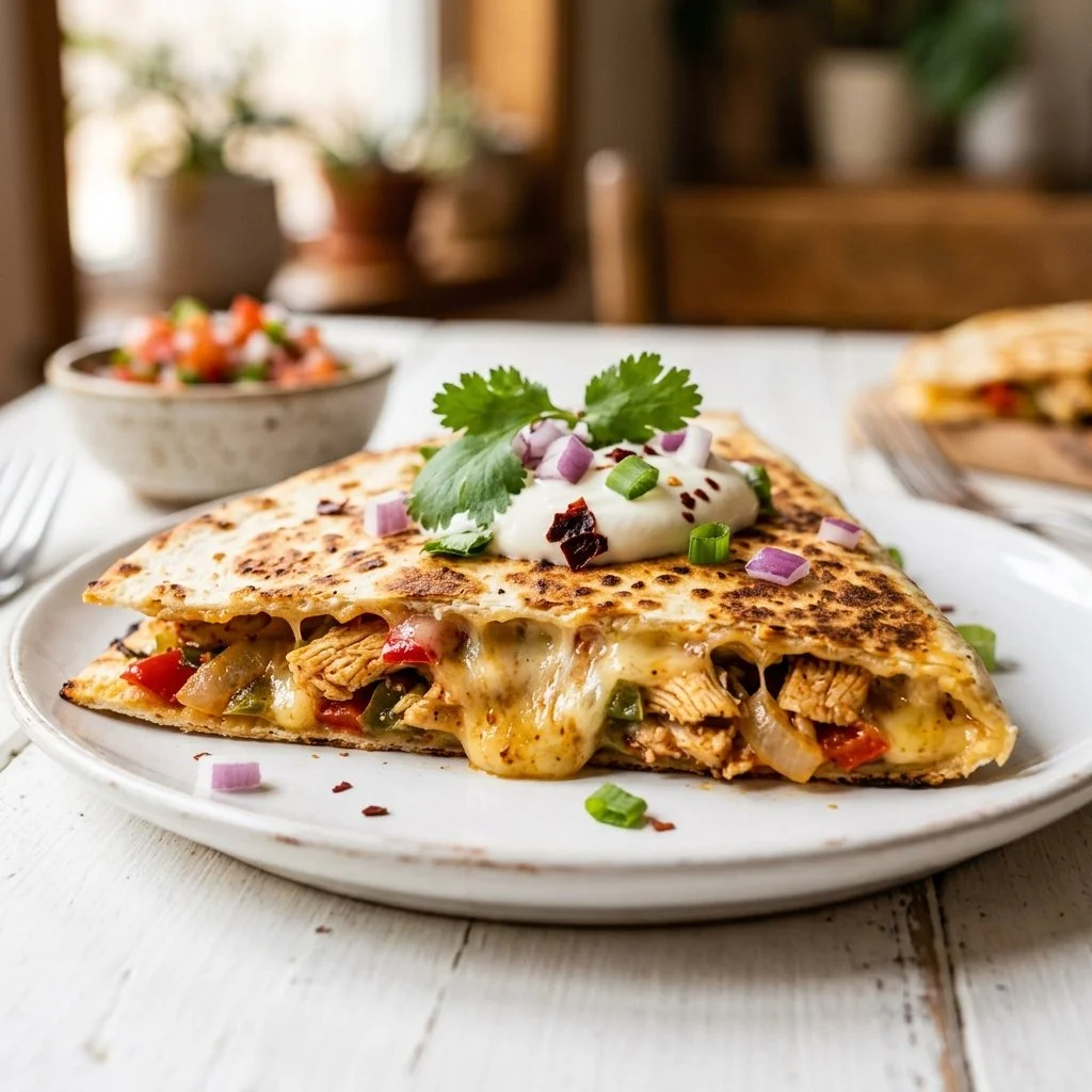 Delicious chicken quesadilla served with salsa and sour cream