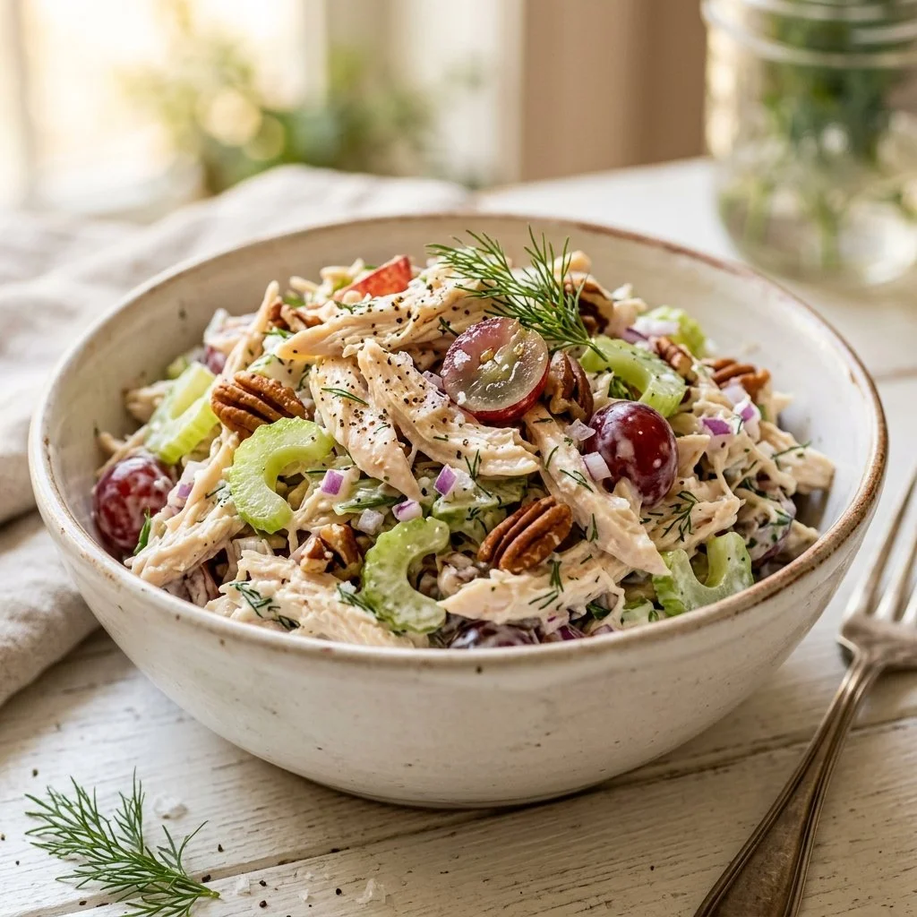 Fresh chicken salad with various vegetables and dressing in a bowl