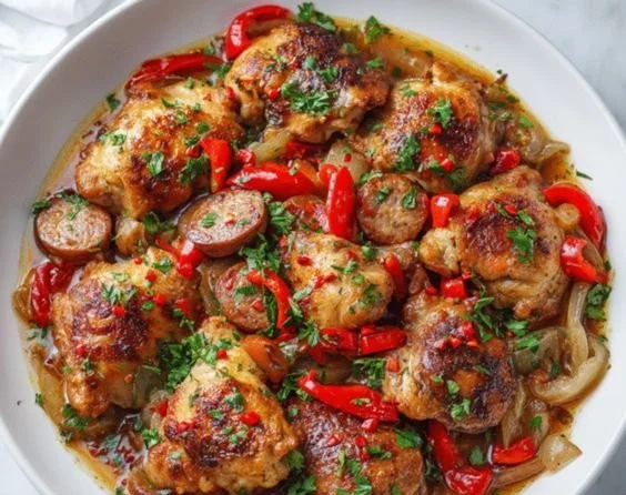 Delicious Chicken Scarpariello dish garnished with herbs and spices