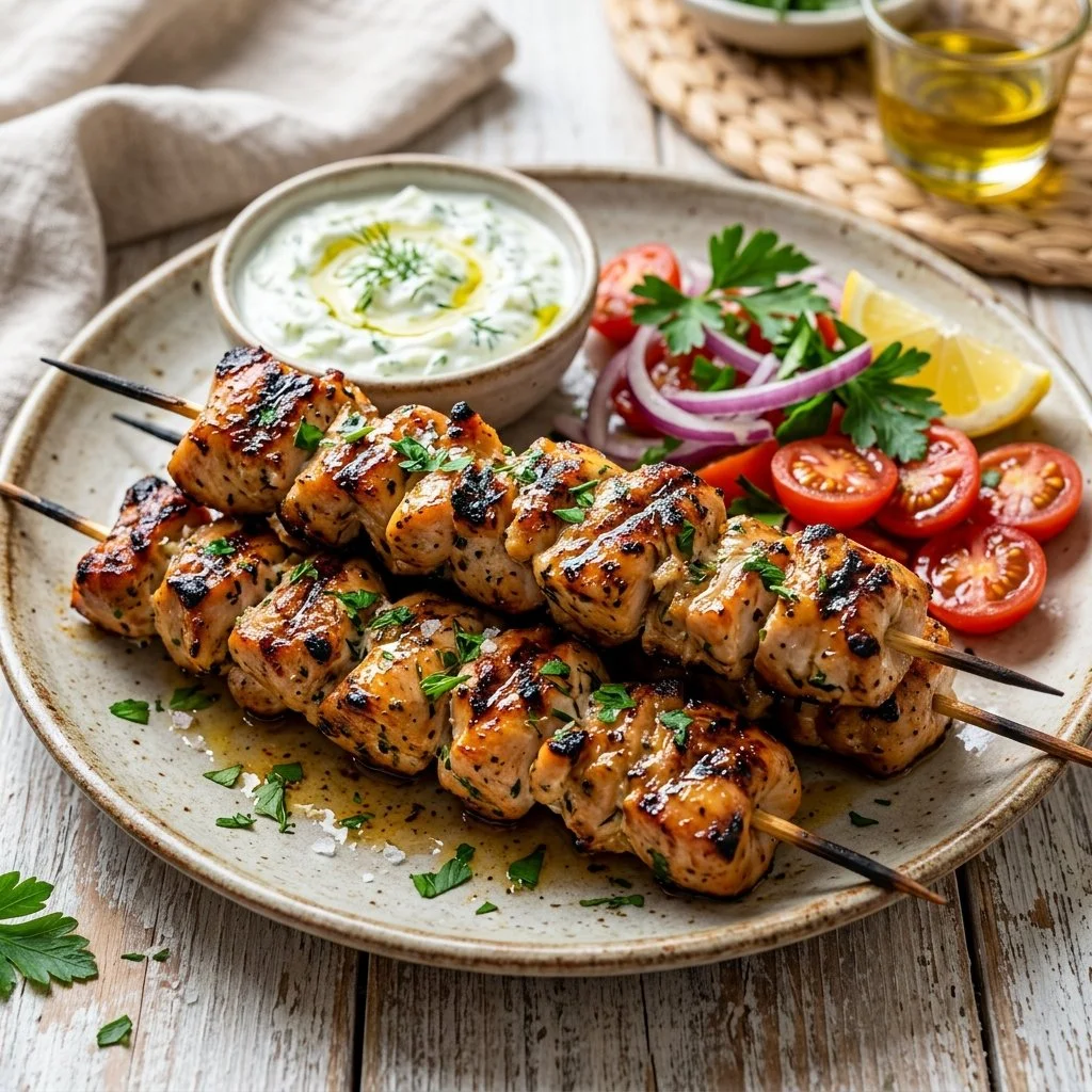 Grilled Chicken Souvlaki skewers served with tzatziki sauce and fresh veggies