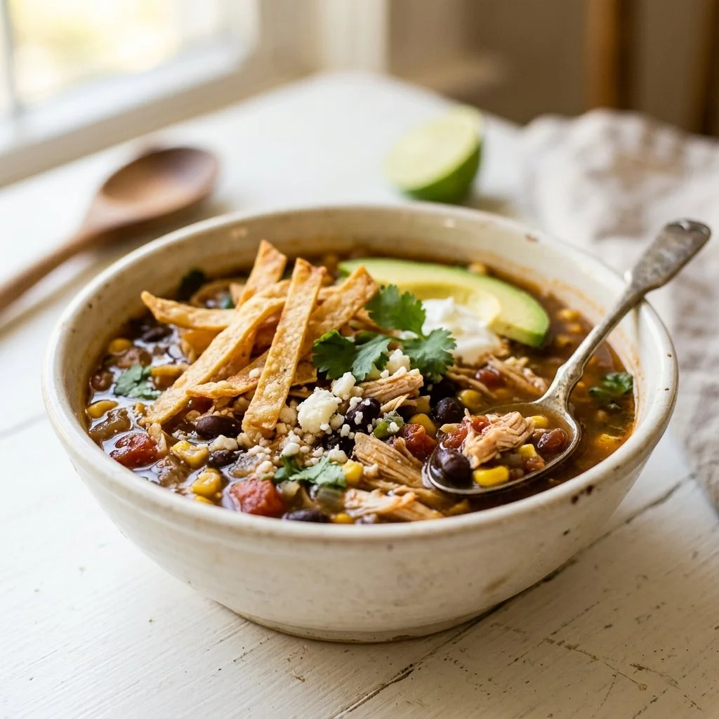 Bowl of chicken tortilla soup garnished with avocado and tortilla strips